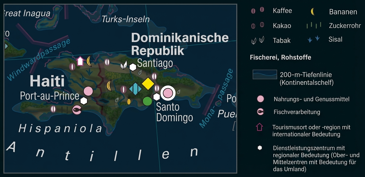 Wirtschaftskarte der Insel Hispaniola (Haiti und Dominikanische Republik) mit Symbolen für Landwirtschaft (u. a. Kaffee, Bananen, Zuckerrohr), Fischverarbeitung, Tourismus und Dienstleistungszentren sowie einer detaillierten deutschsprachigen Legende.